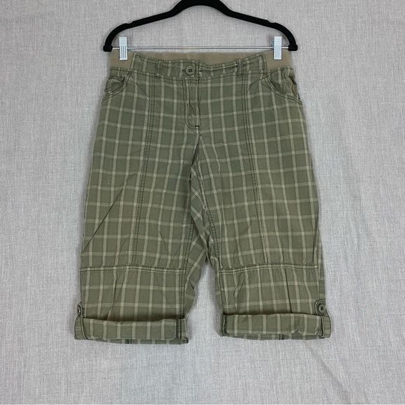 Reitmans Capris Cotton Green Plaid Sz 9 Roll Tab Cuffs Soft Band Elastic Waist - Picture 1 of 12